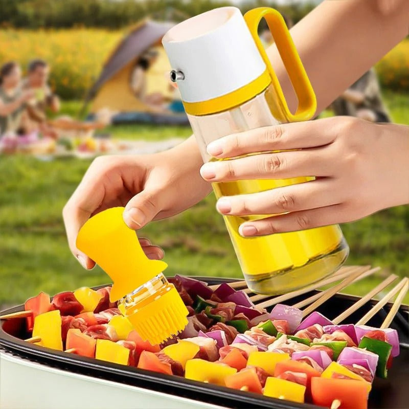 2 In 1 Oil Dispenser With Silicon Brush BBQ Oil Spray Glass Bottle Silicone
